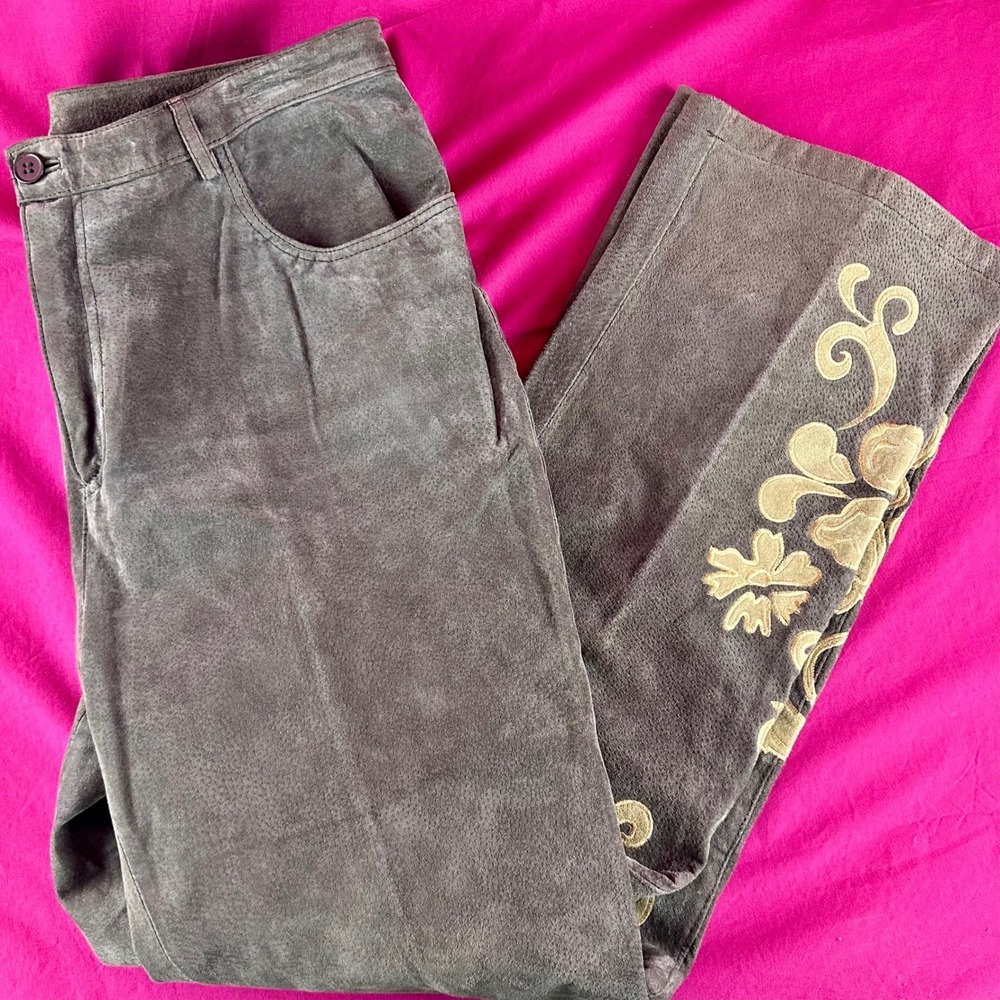 Vintage Suede Leather Pants Embroidered Appliqué Women's 14‎ Y2K Boho Western